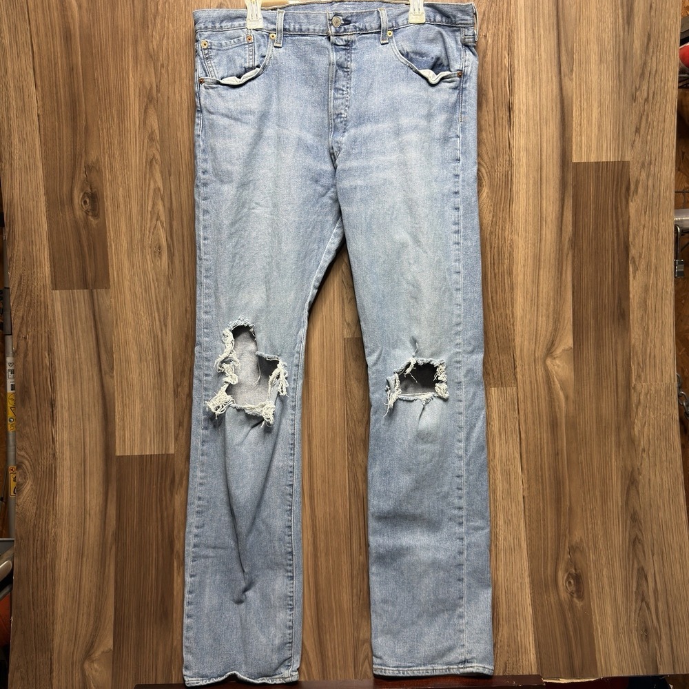 Levis 501 Mens 38x34 Light Wash Blue Button Fly Ripped Distressed Jeans